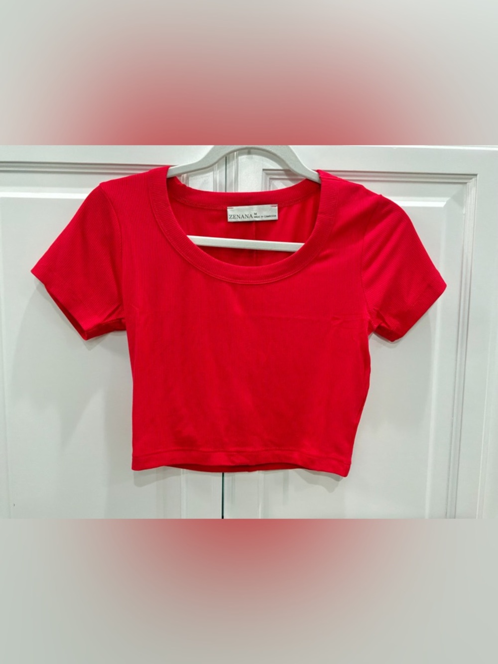 Zenana Red Ribbed Crop Top Short Sleeve Stretch Fitted Tee Women M - Picture 2 of 7